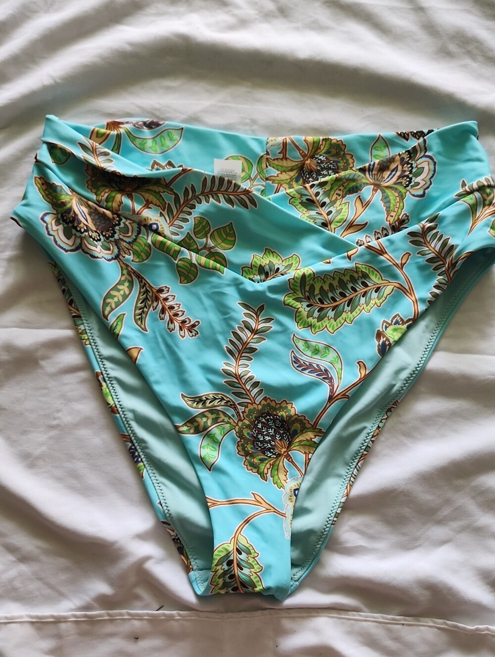 Aerie Crossover High Waisted Bikini Bottom Turquoise Paisley Teal Size XL